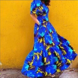 Christopher John Rogers Boho Maxi Blue Floral Puff Sleeve Dress